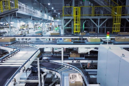 Proses distribusi paket e-commerce melalui sistem conveyor logistik