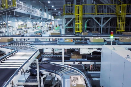 Proses distribusi produk FMCG melalui sistem conveyor logistik